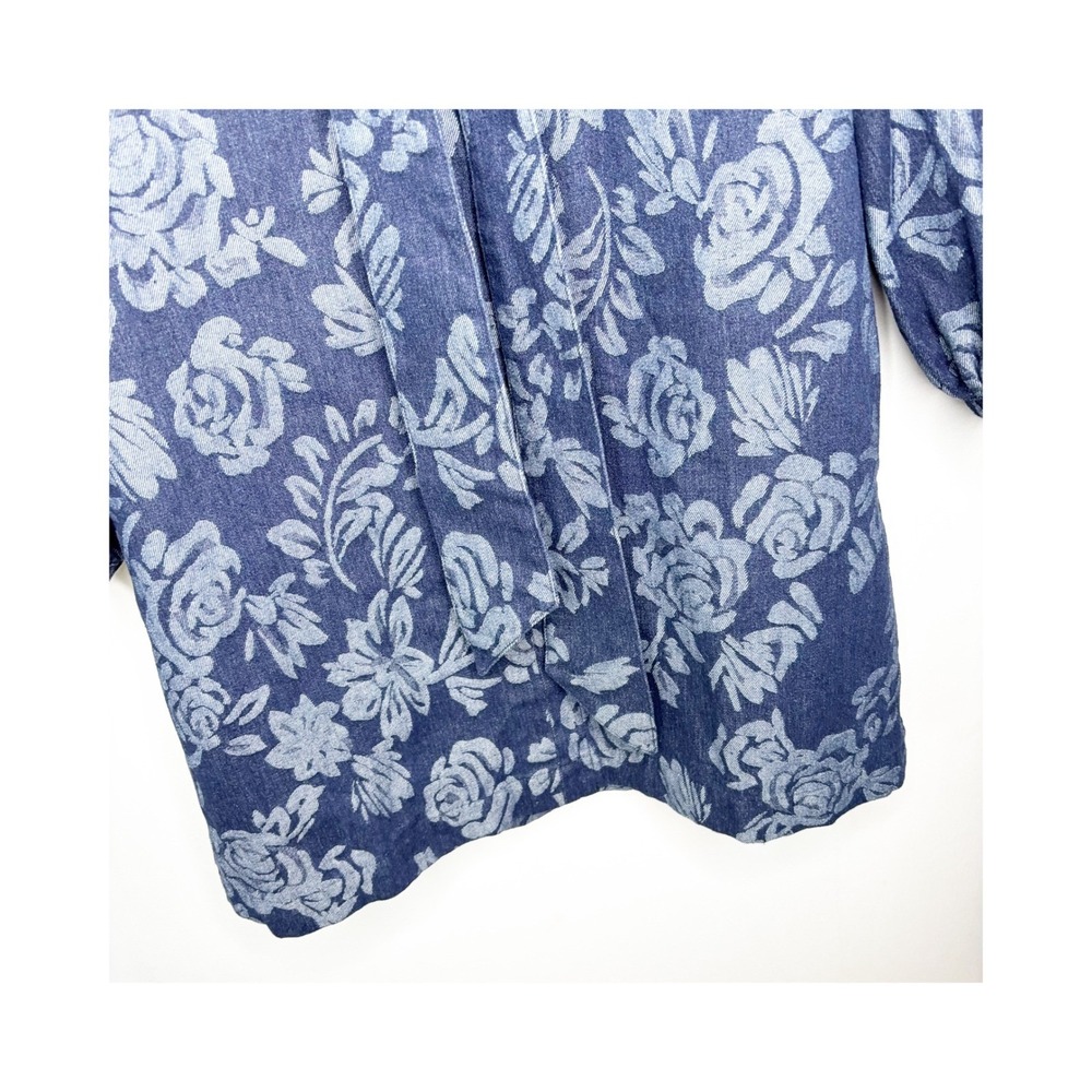 Flying Tomato Denim Mini Dress Size M Floral Print Balloon Sleeve Tie Neck - Picture 6 of 11